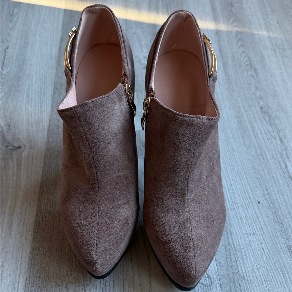 Women’s Taupe Suede Pointed Toe Ankle Booties High Heel Gold Bar Detail